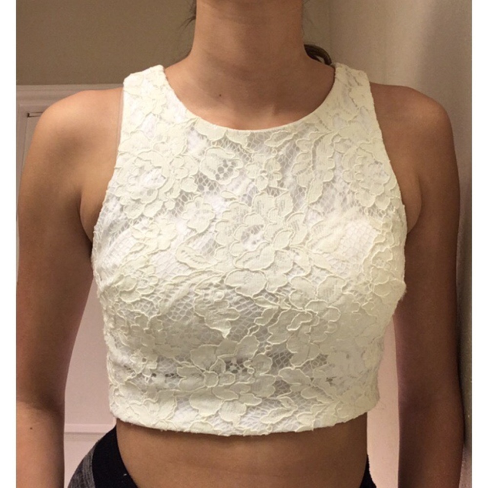 White lace, crop top.